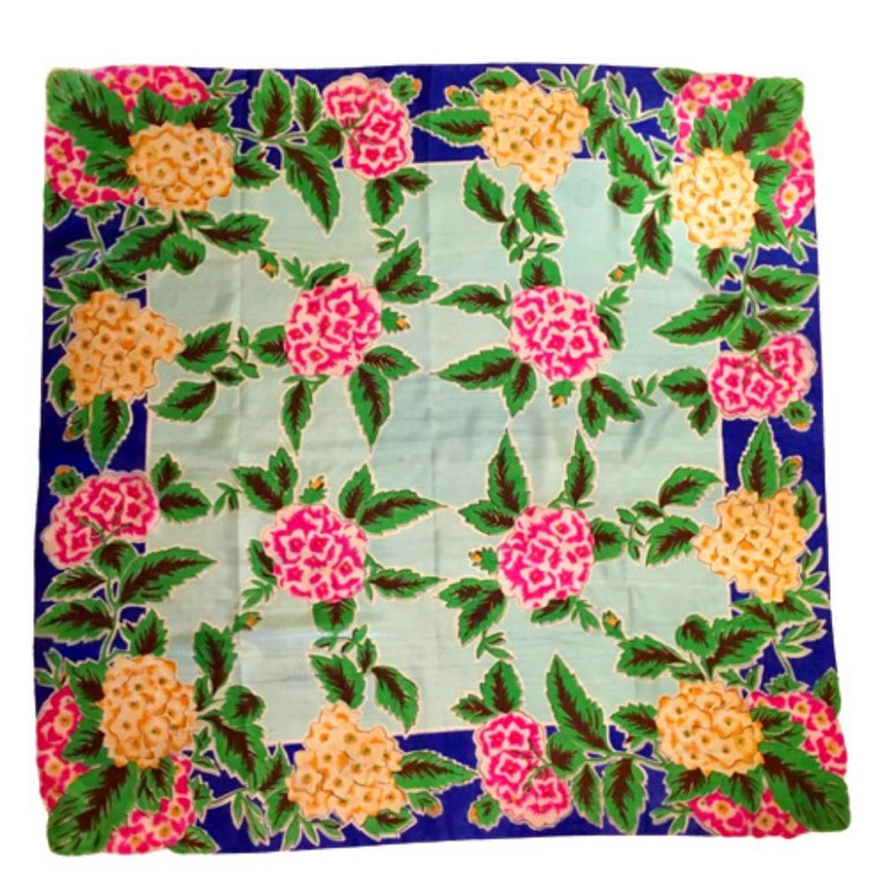 Scarf Silk Bold Color Floral Hydrageas Vintage 40s 50s Hand Printed Large Square